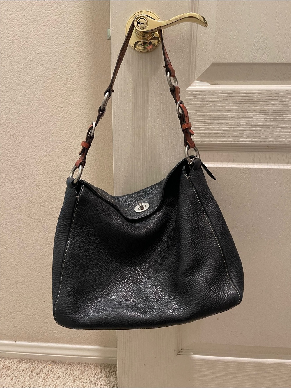 Black Leather Shoulder Bag with Brown Accent Strap